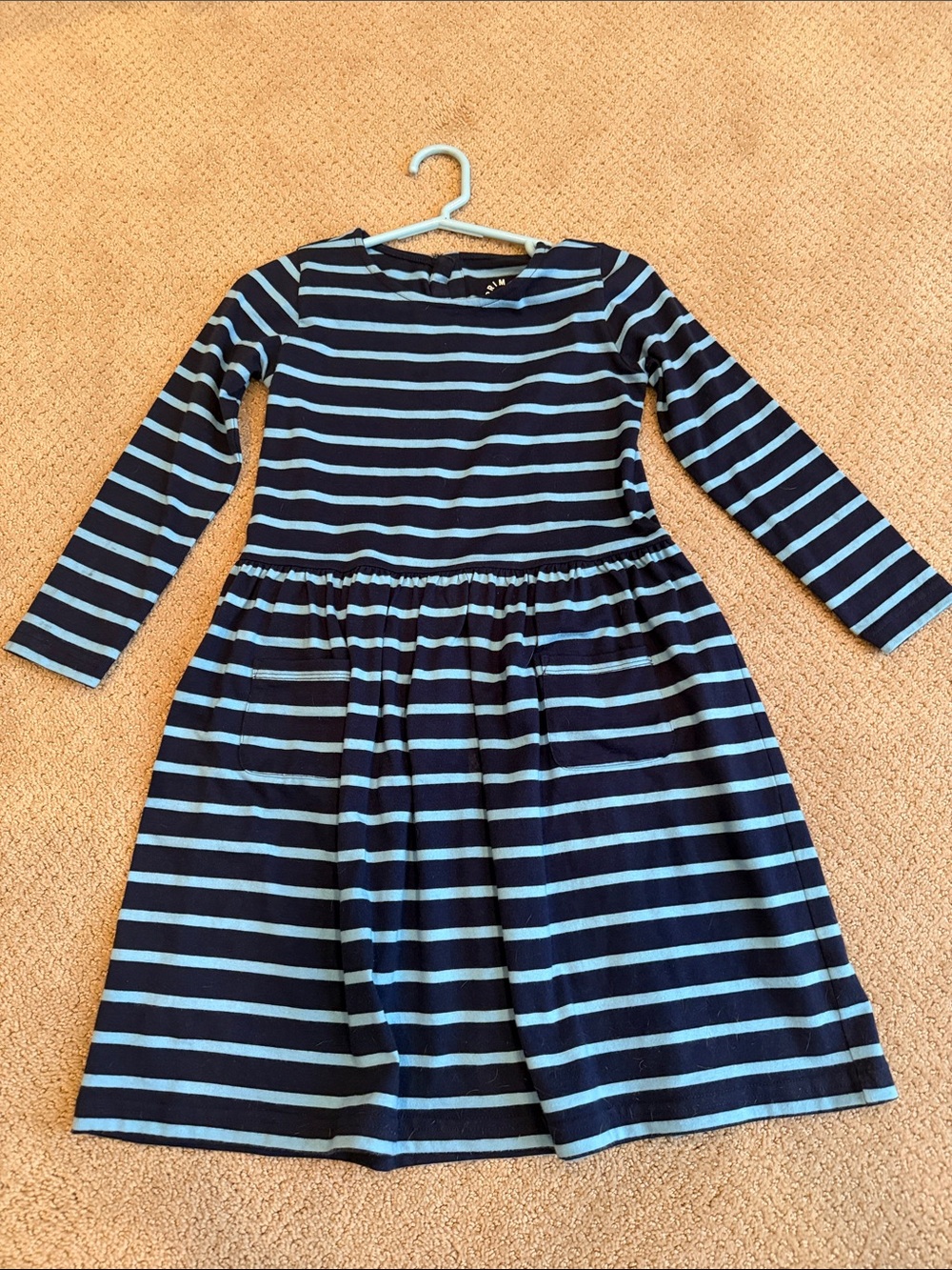 Girls Primary Navy and Light Blue Striped Long-Sleeve Dress with pockets